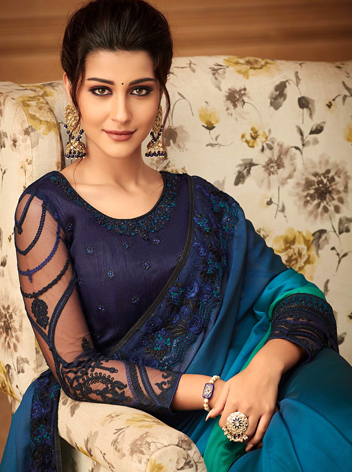 Majestic Blue Green gradient premium chiffon silk saree - TrendOye
