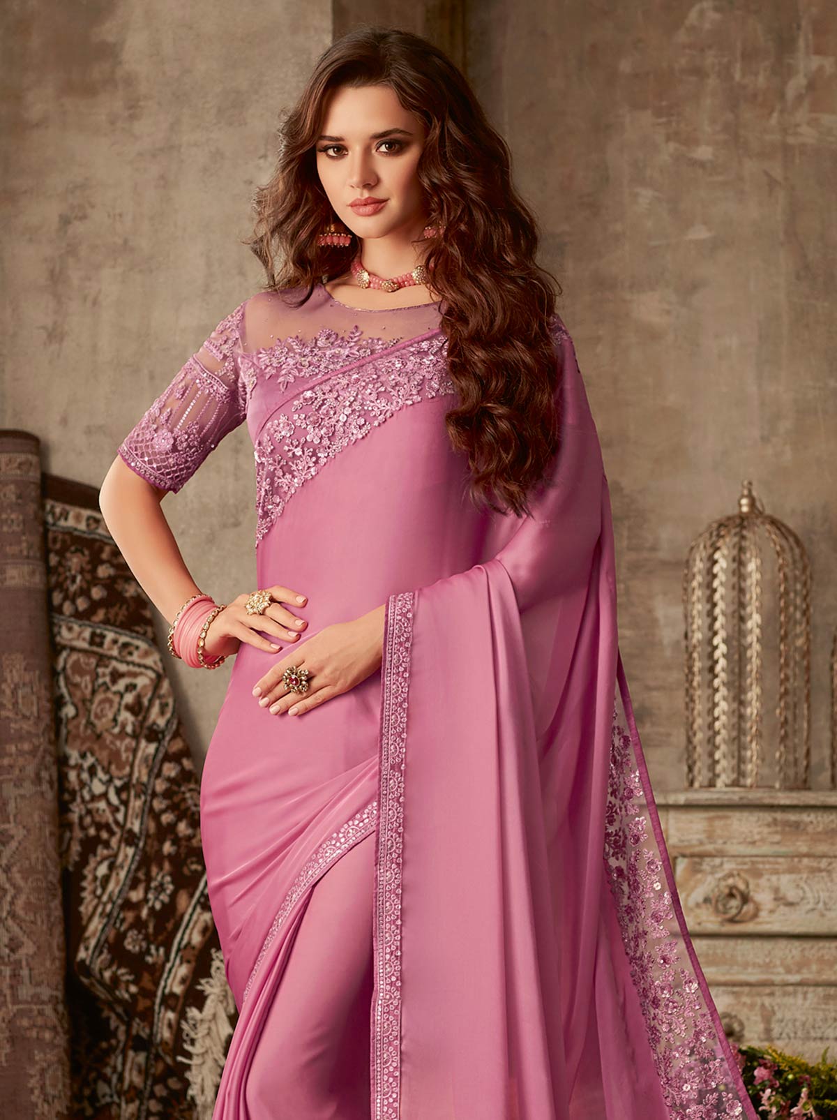 Classy purple embroidered mulmul silk saree - TrendOye
