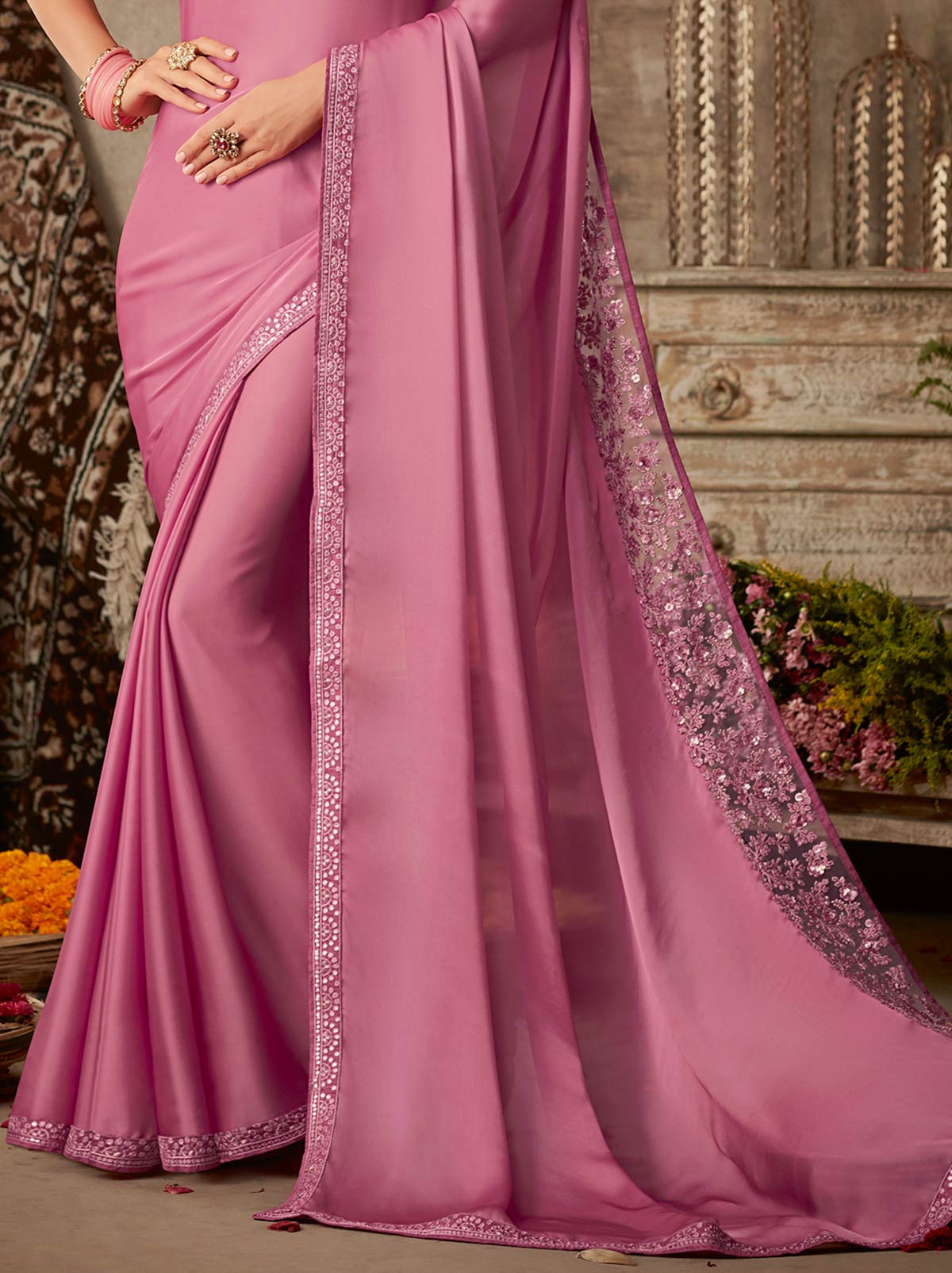 Classy purple embroidered mulmul silk saree - TrendOye
