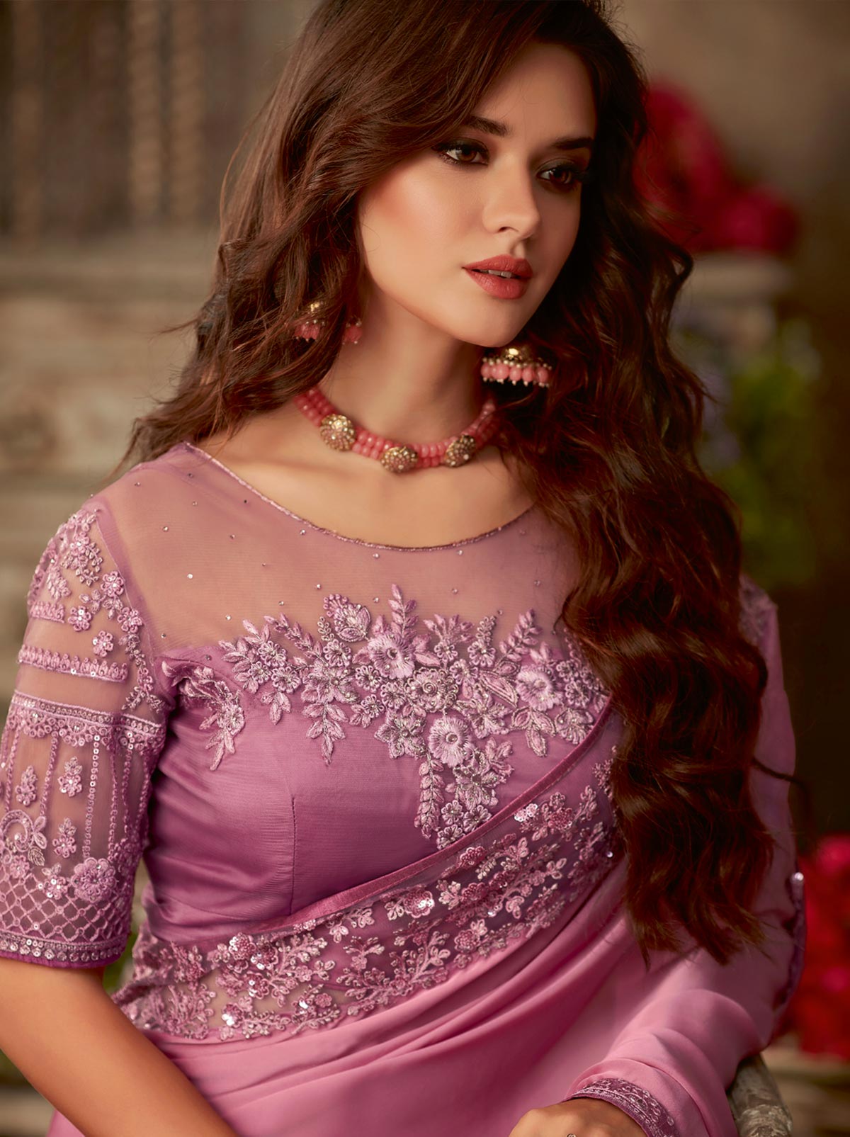 Classy purple embroidered mulmul silk saree - TrendOye