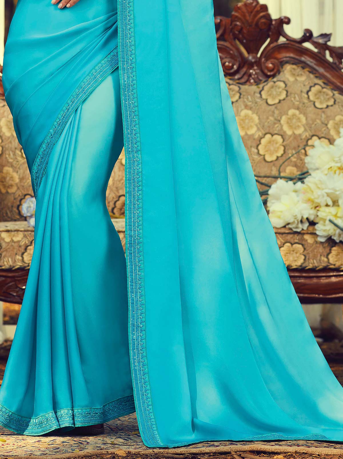 Mystical blue classic plain mulmul silk saree - TrendOye