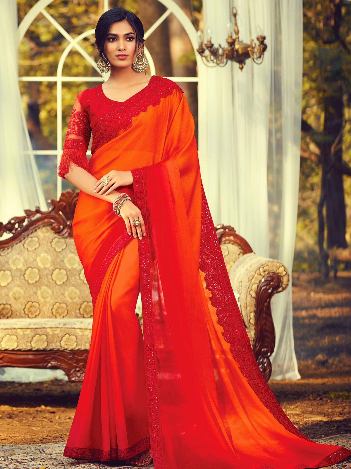Joyful orange classic plain silk saree - TrendOye