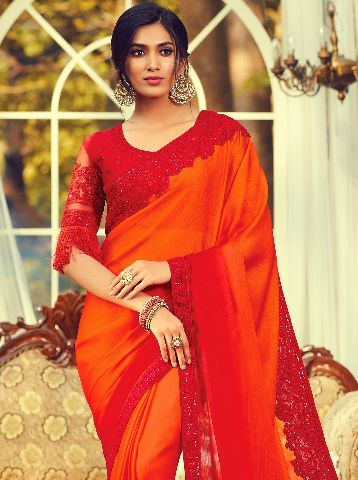 Joyful orange classic plain silk saree - TrendOye