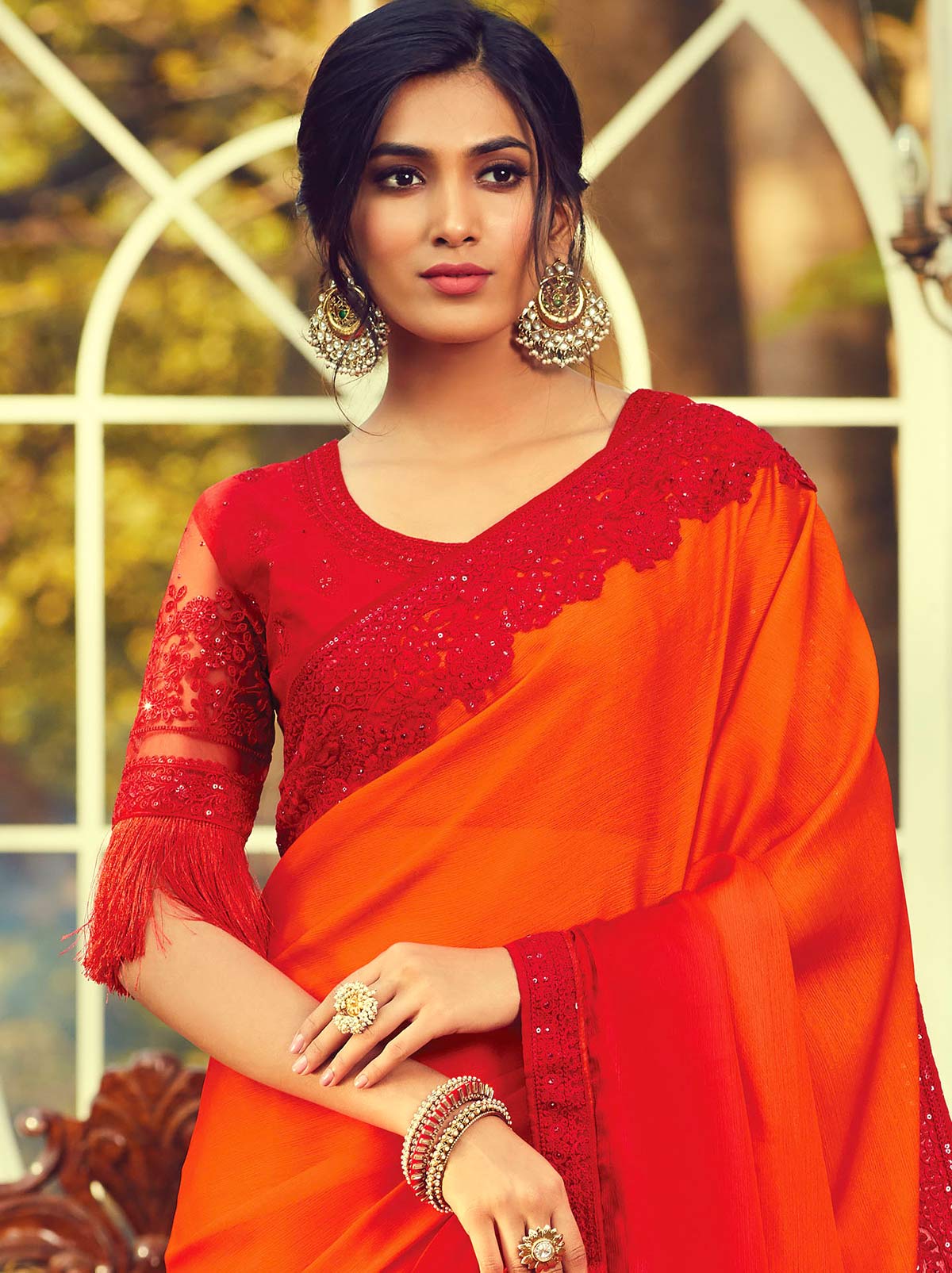 Joyful orange classic plain silk saree - TrendOye
