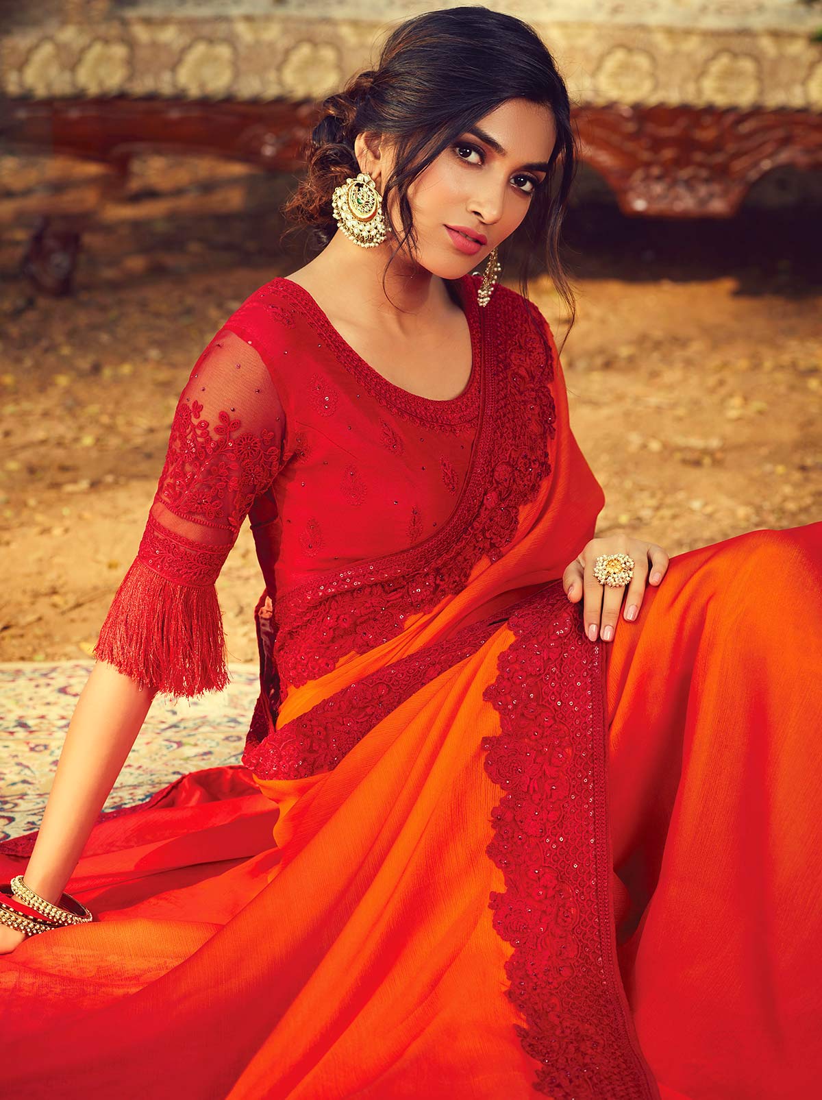 Joyful orange classic plain silk saree - TrendOye