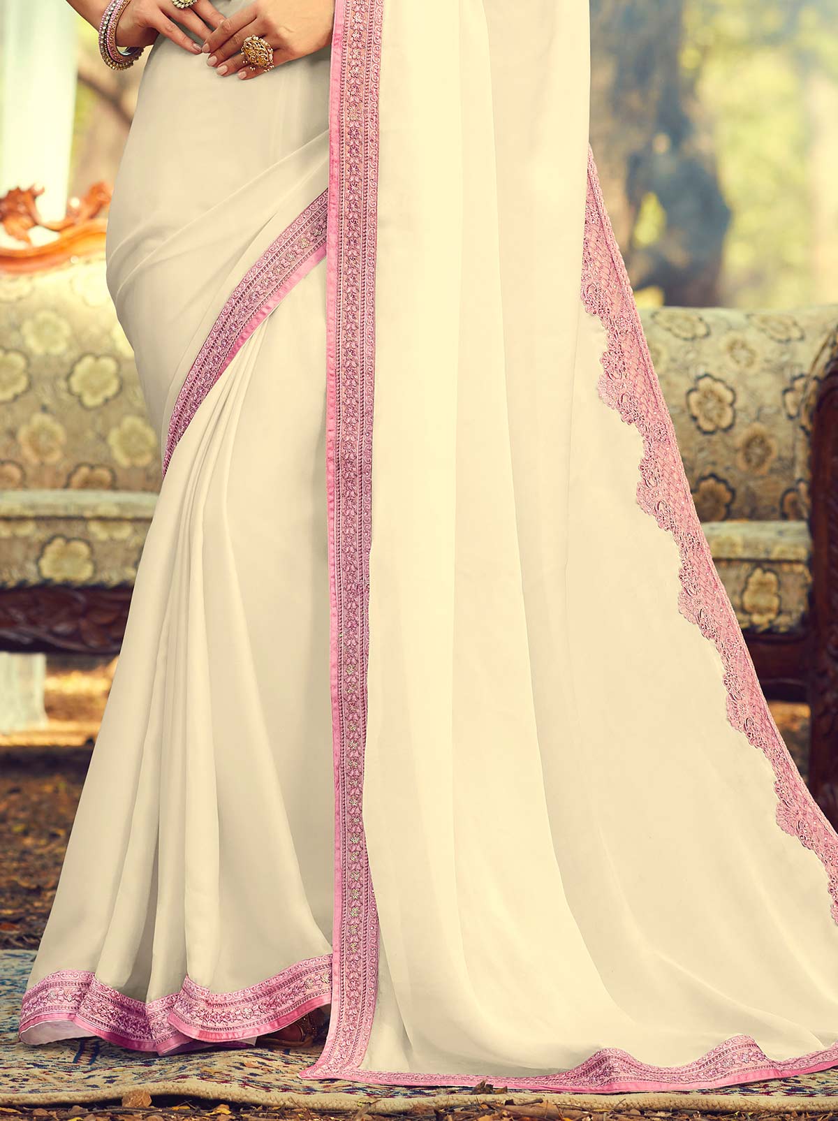 Soothing Cream Colored Designer Saree Embroidered with Sequins Stones - TrendOye
