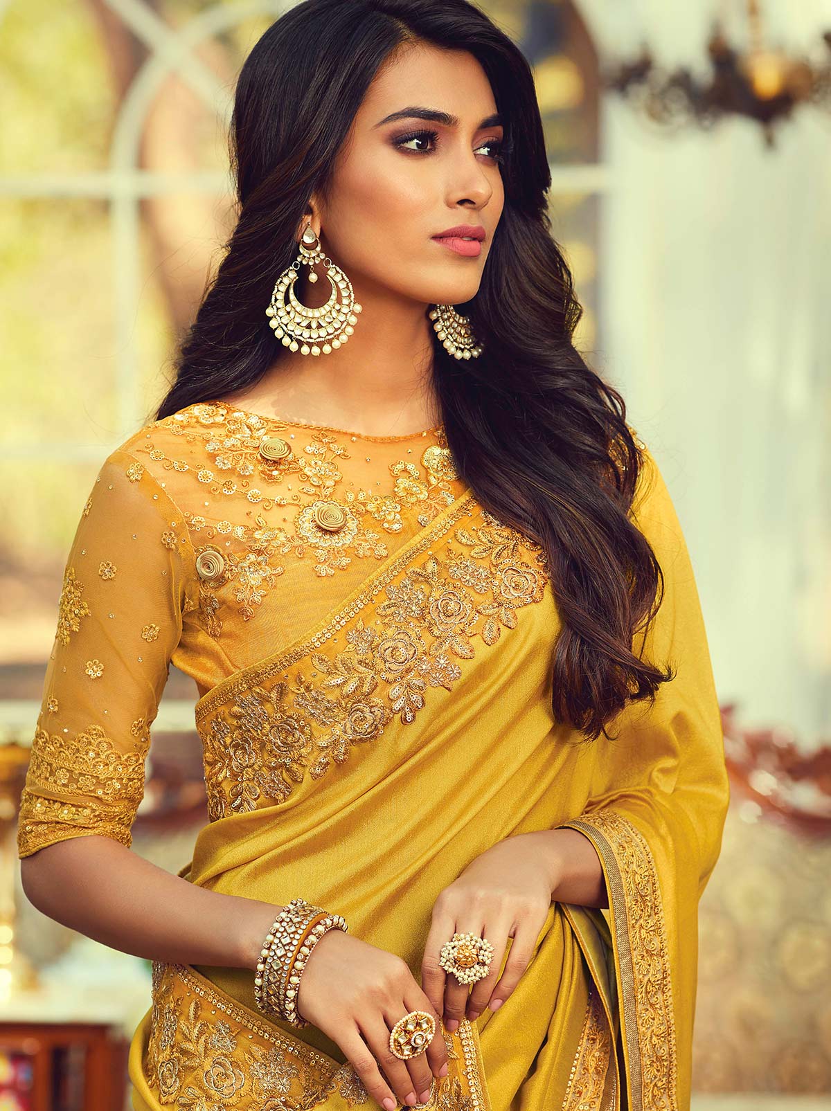 Gleaming Mustard Colored Designer Saree with Heavy Embroidered - TrendOye