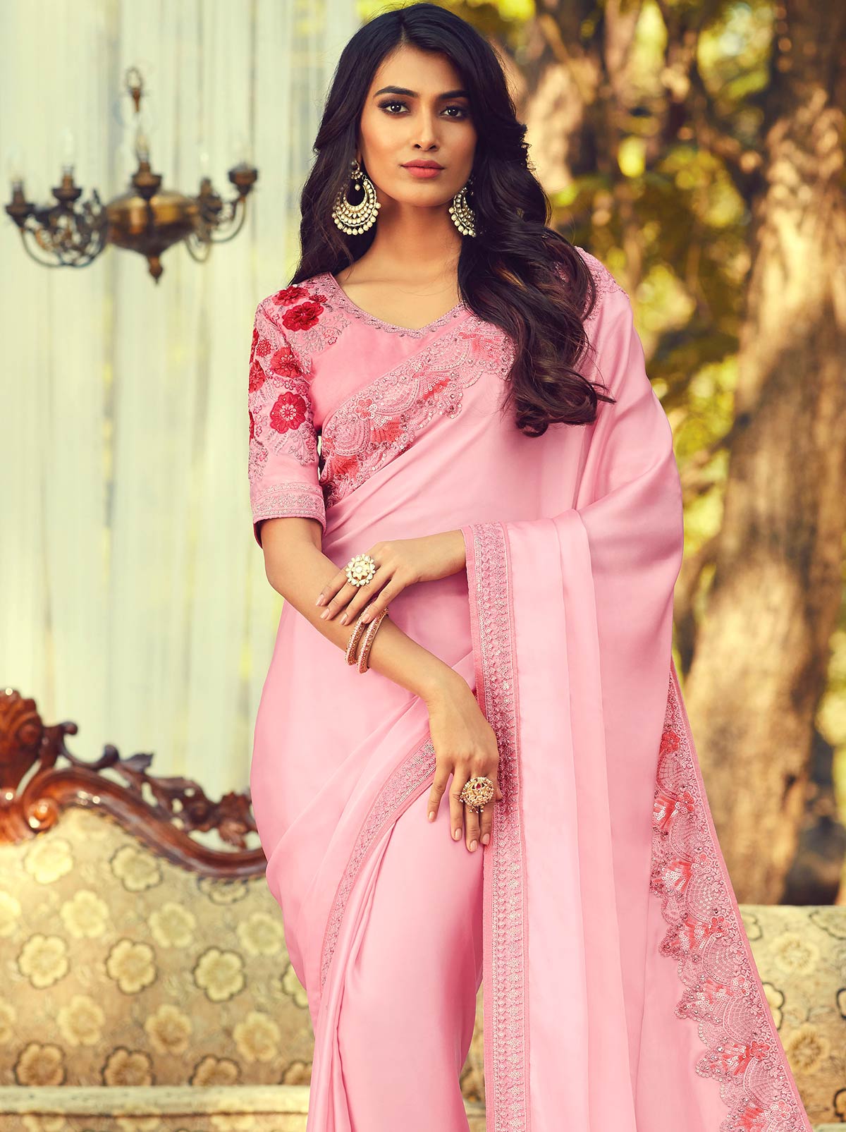 Rani Pink Colored Designer Saree with Heavy Floral Embroidered Sequins - TrendOye