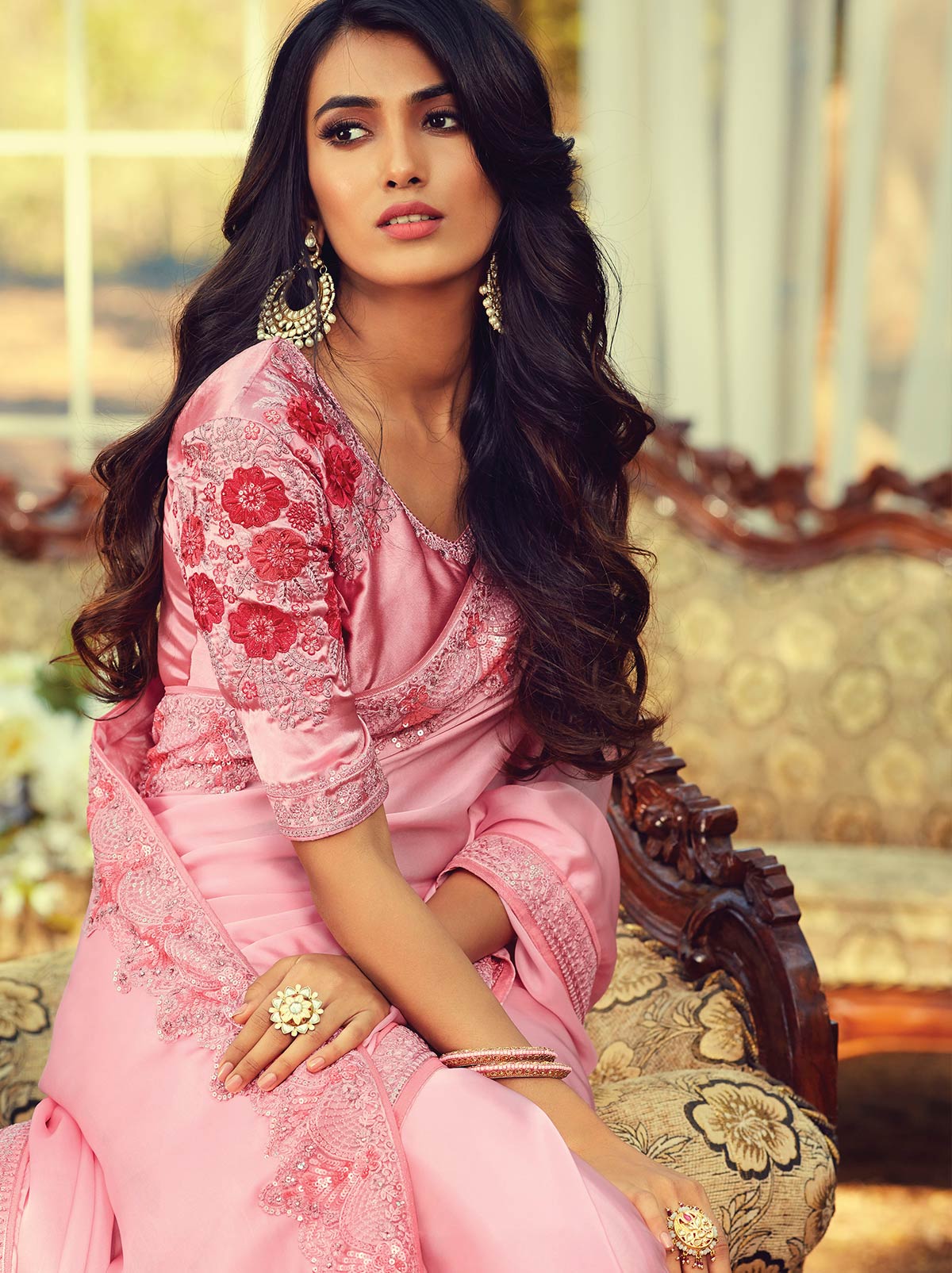 Rani Pink Colored Designer Saree with Heavy Floral Embroidered Sequins - TrendOye