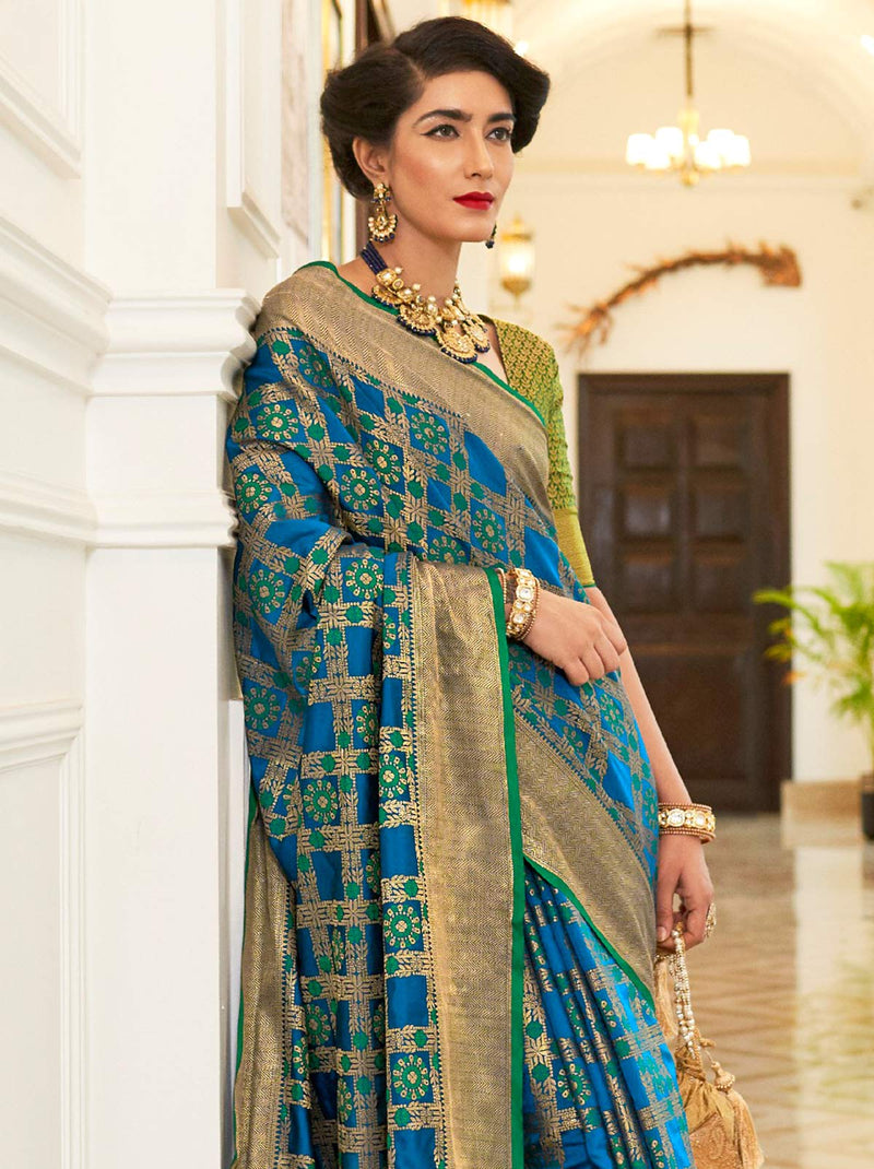 Alluring Cerulean Blue Silk Patola Saree With Zari Weaving - TrendOye