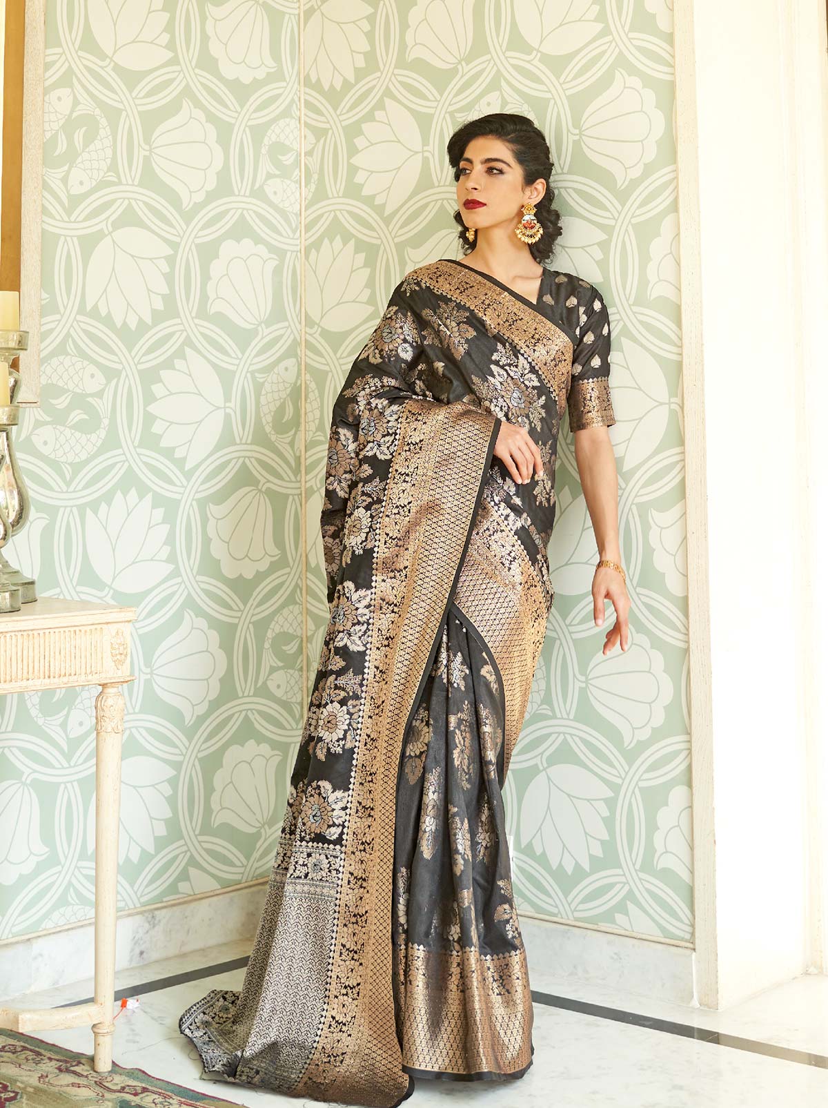 Glamorous Black Banarasi Saree With Heavy Gold Border - TrendOye