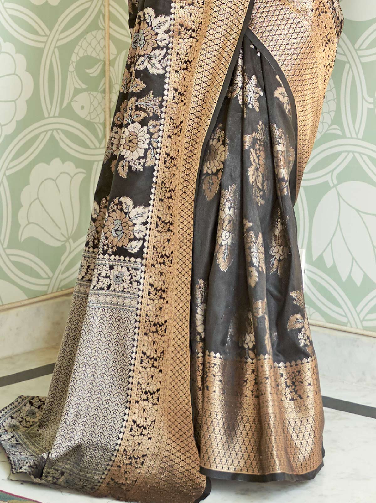 Glamorous Black Banarasi Saree With Heavy Gold Border - TrendOye