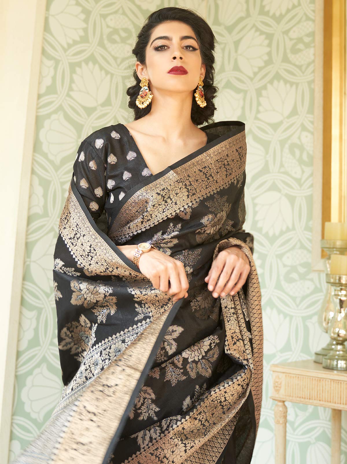 Glamorous Black Banarasi Saree With Heavy Gold Border - TrendOye