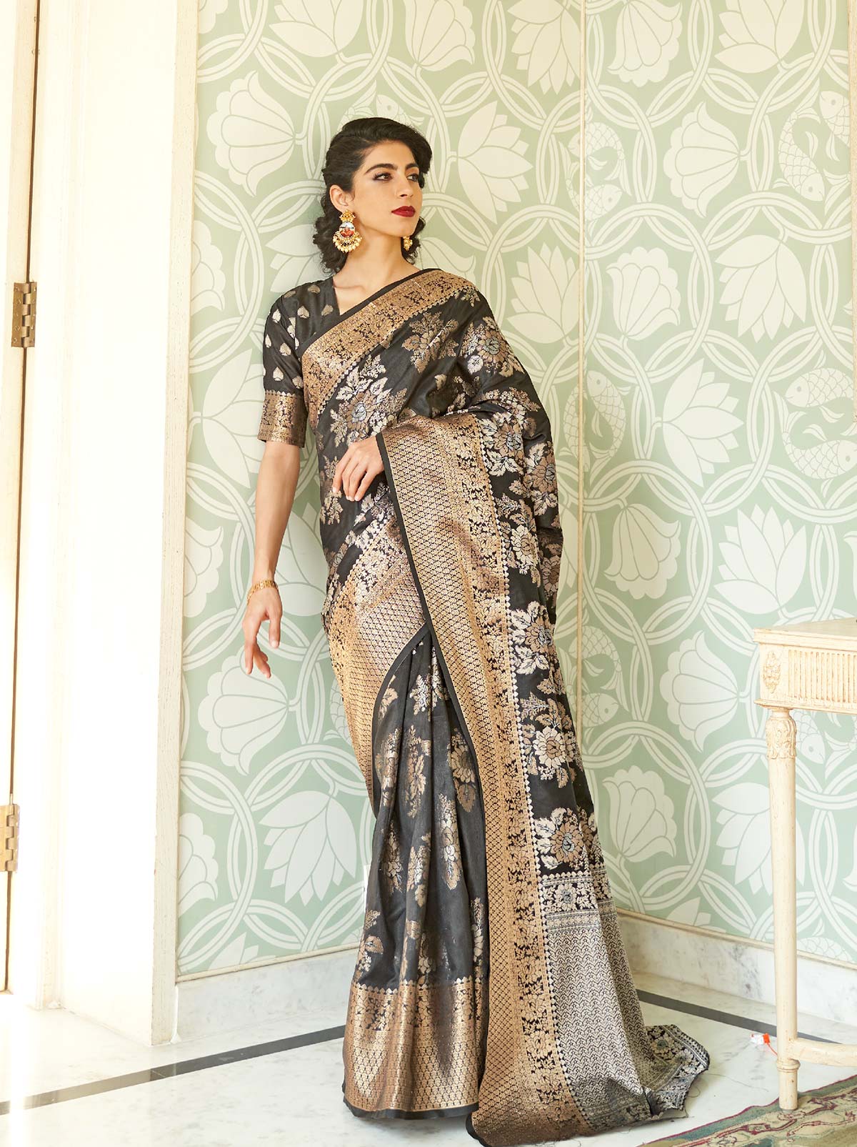 Glamorous Black Banarasi Saree With Heavy Gold Border - TrendOye