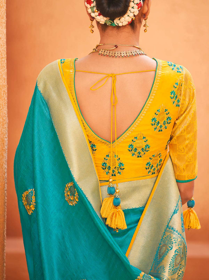 Refreshing Blue Silk Saree With Enchanting Banarasi Border - TrendOye