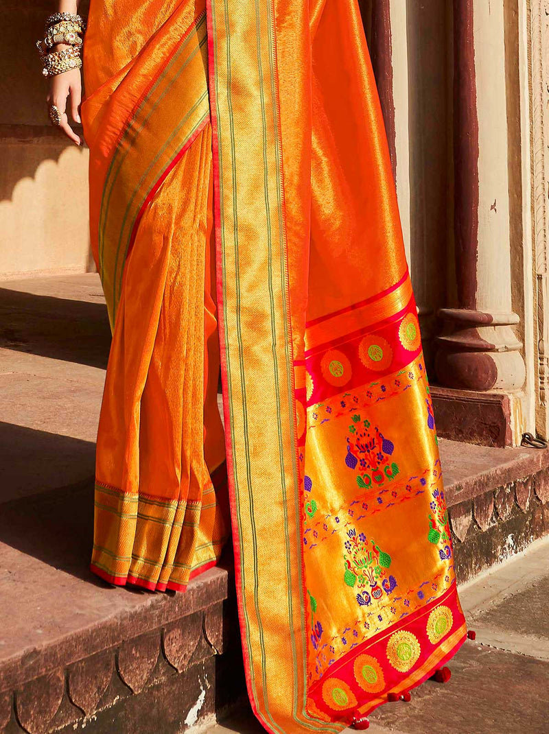 Classic Golden Thread Embroidered Tangy Orange Saree - TrendOye