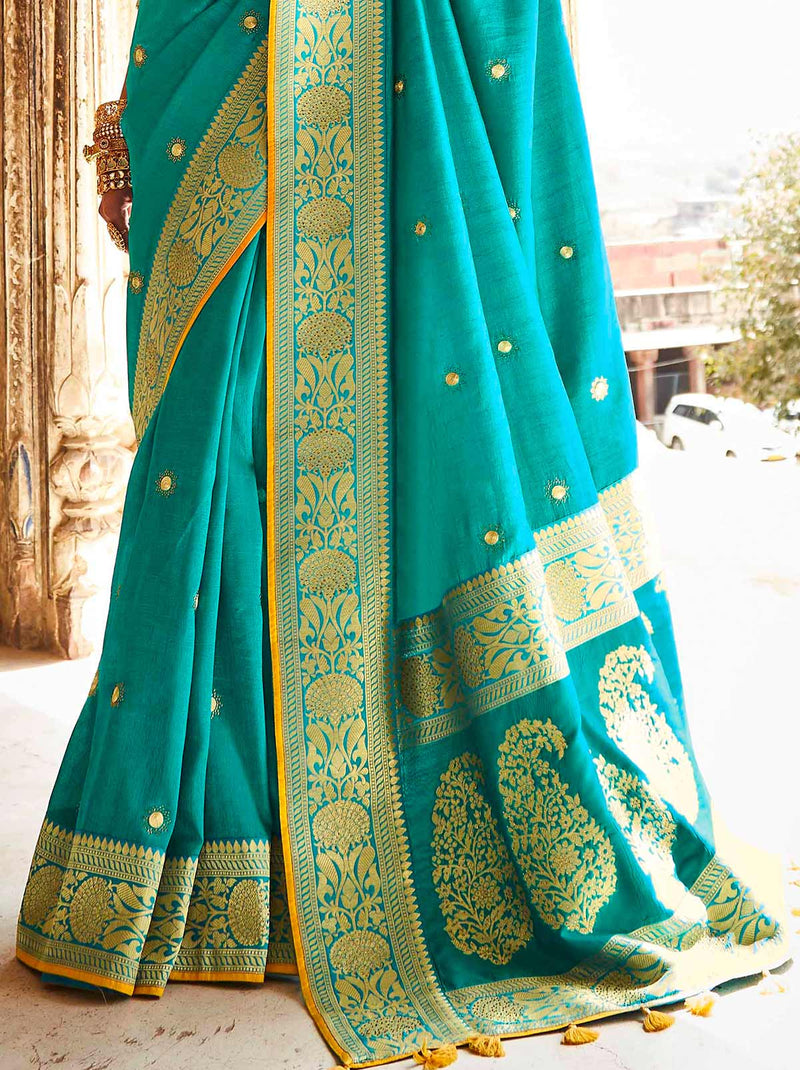 Splendid Blue Silk Saree With Weaved Motifs - TrendOye