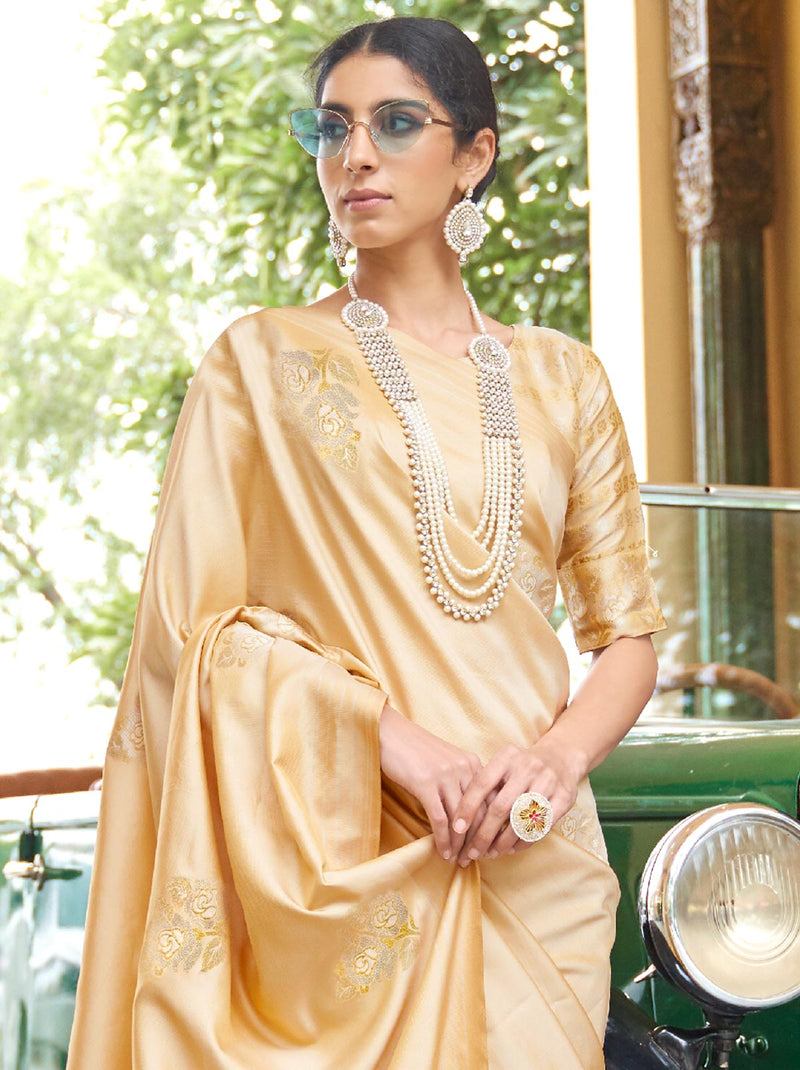 Dazzling Golden Silk Saree With Weaved Motifs - TrendOye