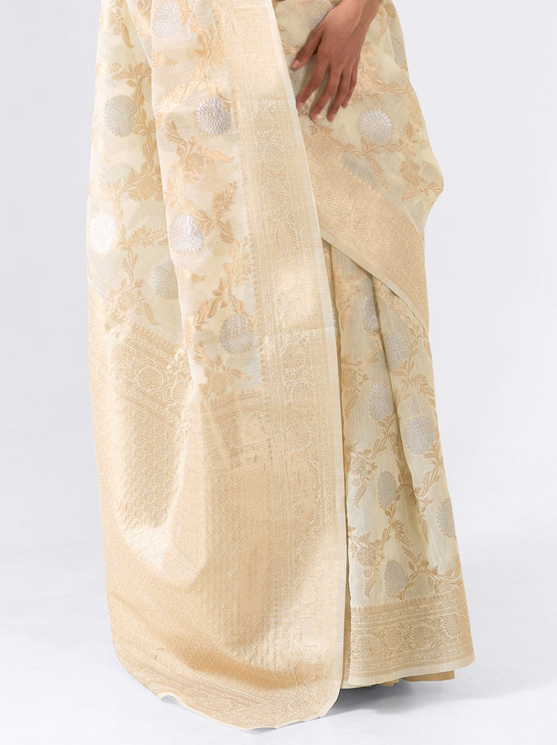 Classic Ivory Linen Silk Thread Embroidered Saree - TrendOye