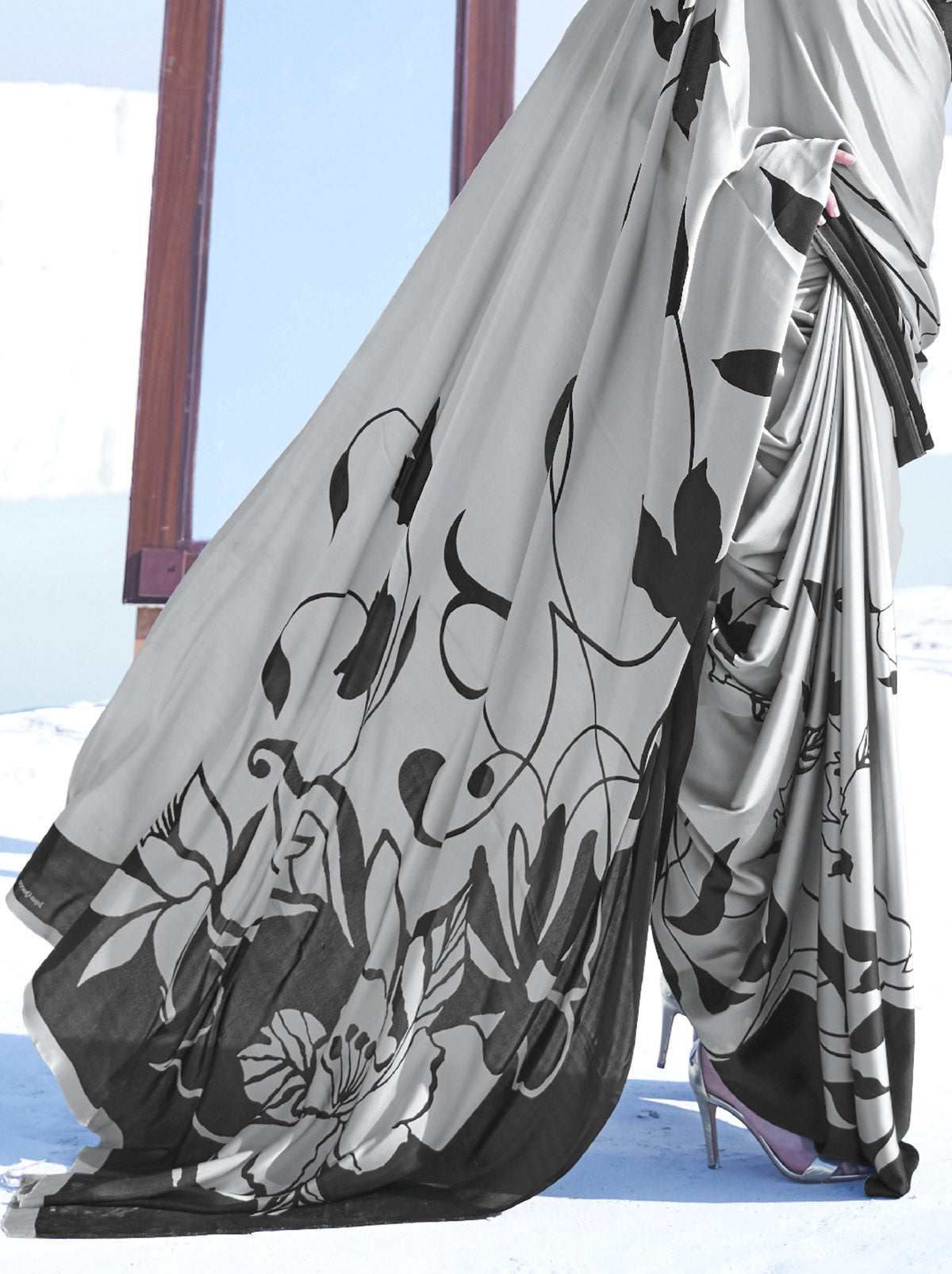 Splendid Grey Coloured Digital Print Art Satin Saree - TrendOye