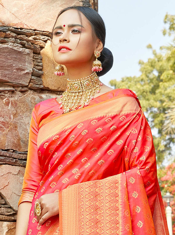 Pleasing Pink Banarasi Saree with Divine Motifs - TrendOye