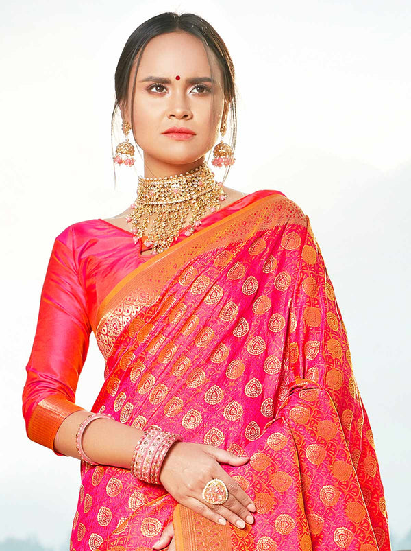 Fashionable Pink Banarasi Silk Saree with Gold Border - TrendOye