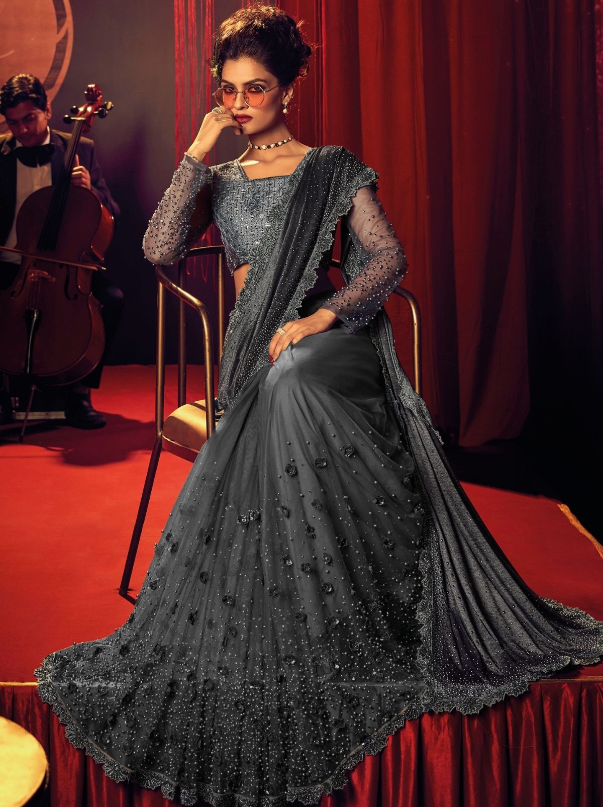 Iron Grey Premium Designer Net Saree - TrendOye