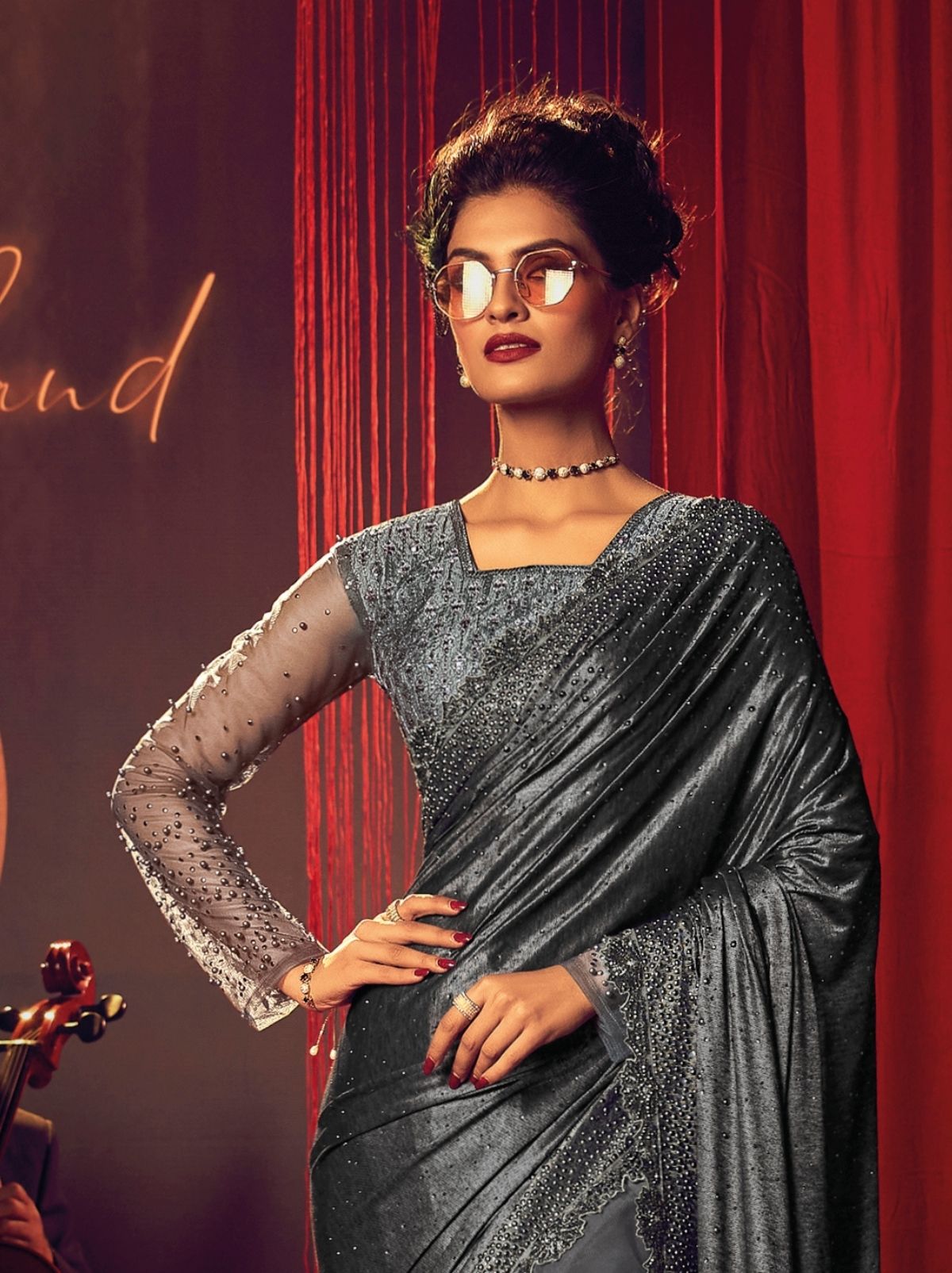 Iron Grey Premium Designer Net Saree - TrendOye