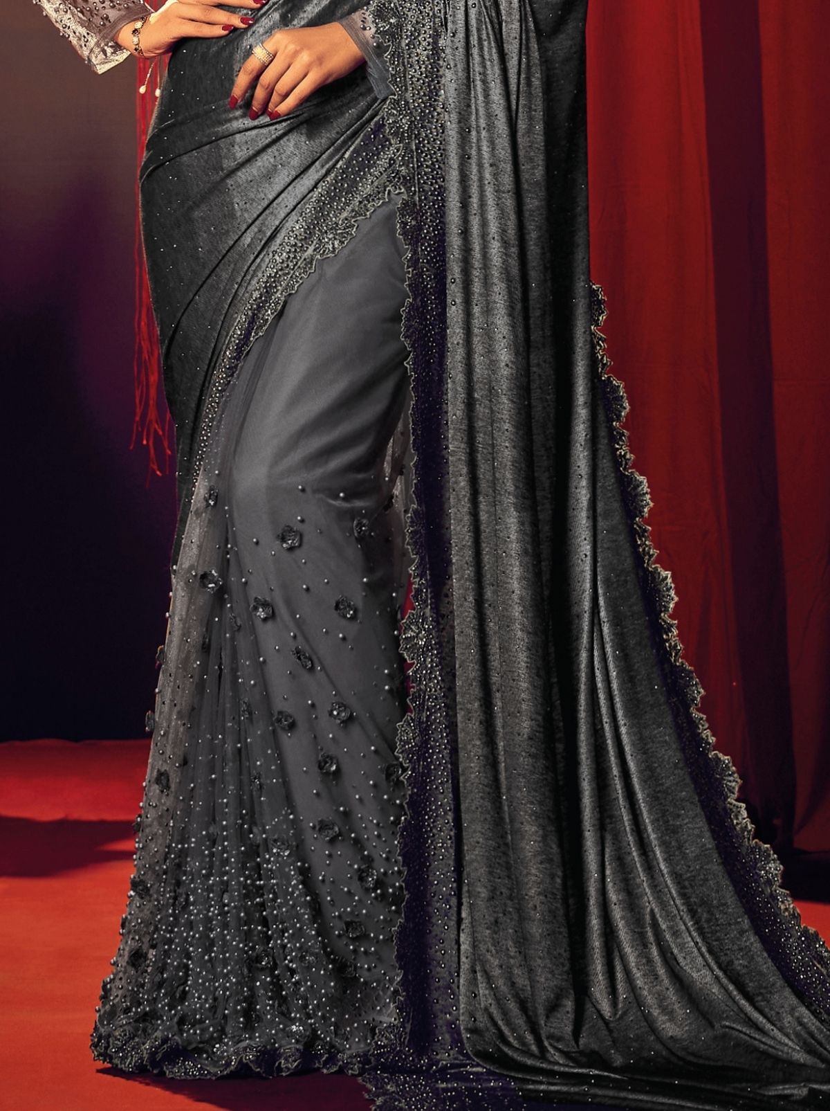 Iron Grey Premium Designer Net Saree - TrendOye