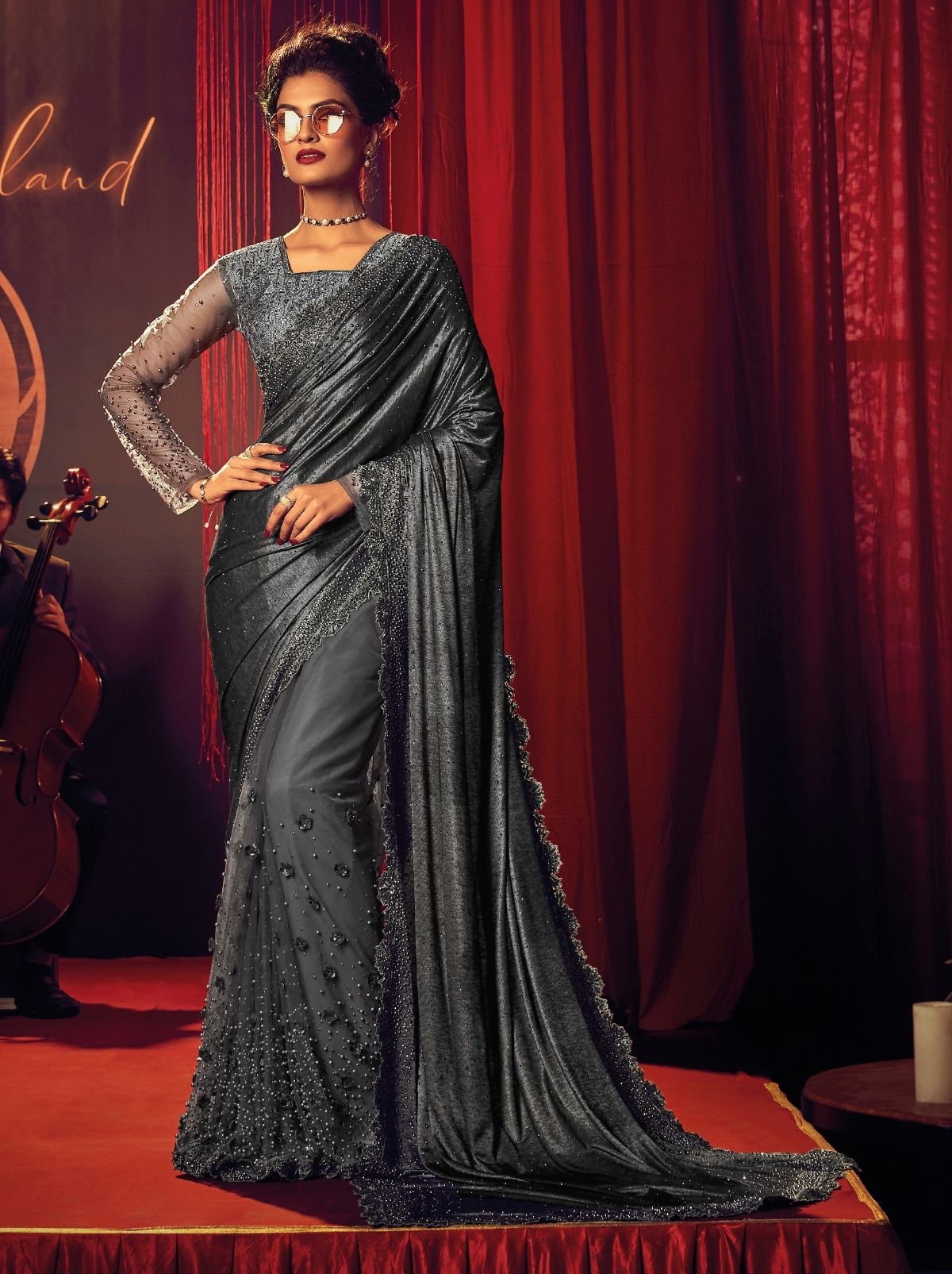 Iron Grey Premium Designer Net Saree - TrendOye