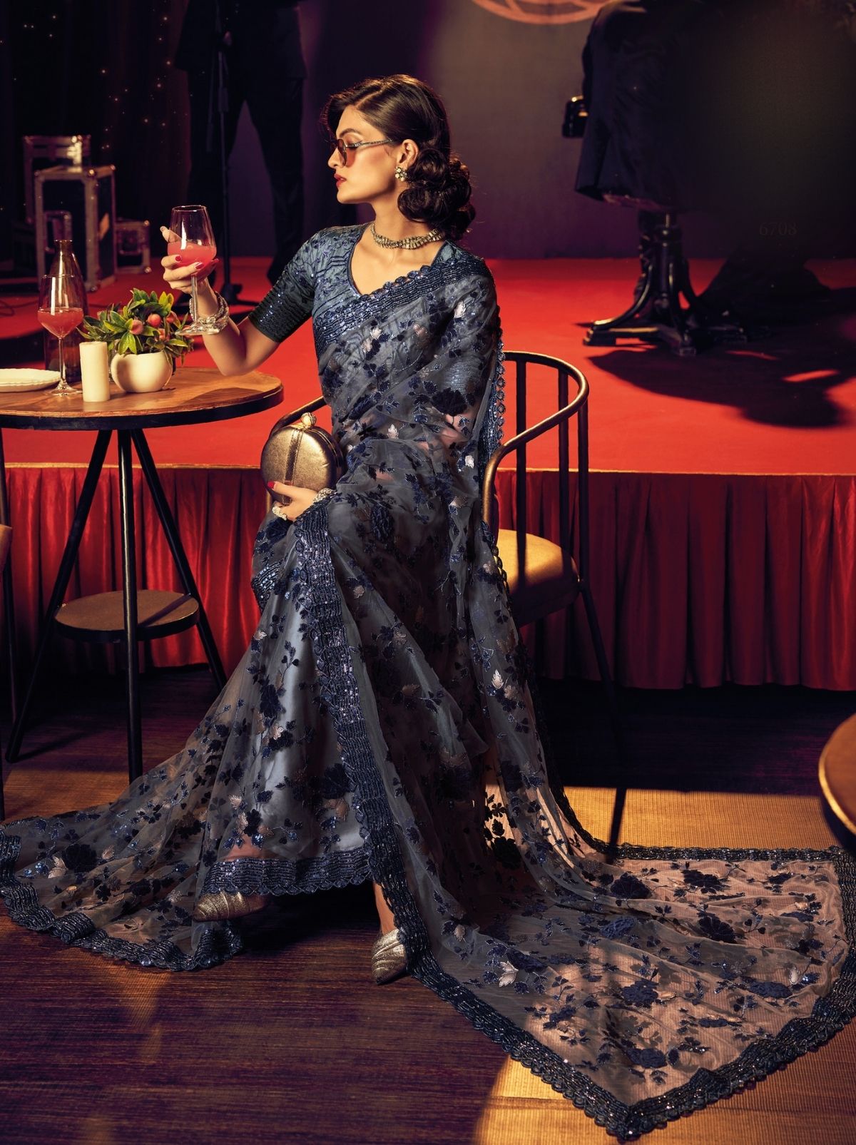 Shadow Grey Premium Designer Net Saree - TrendOye