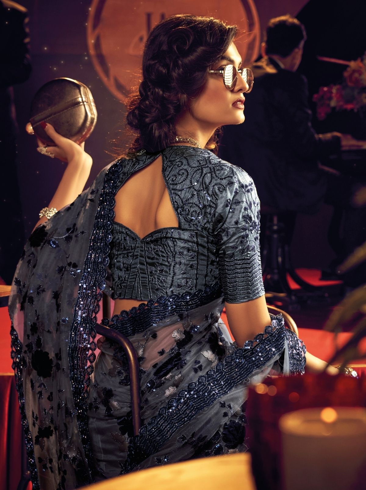 Shadow Grey Premium Designer Net Saree - TrendOye