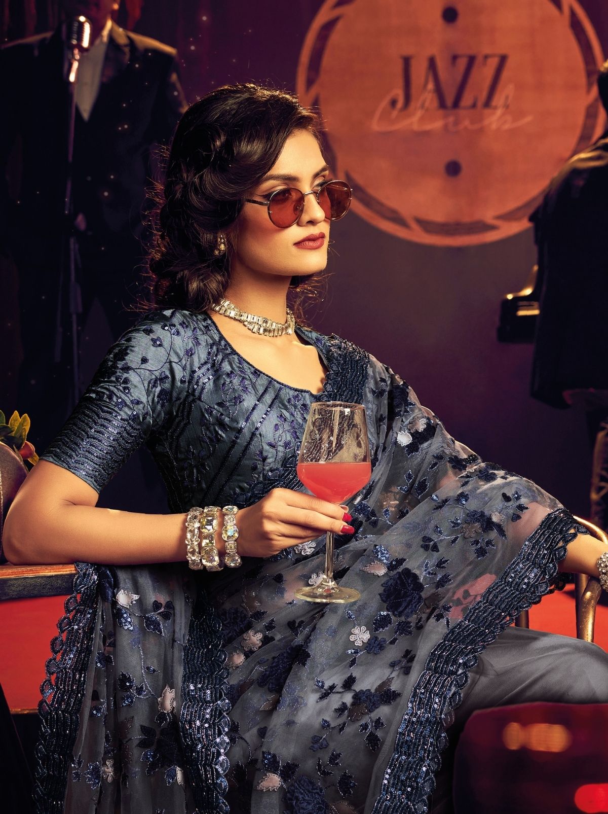 Shadow Grey Premium Designer Net Saree - TrendOye