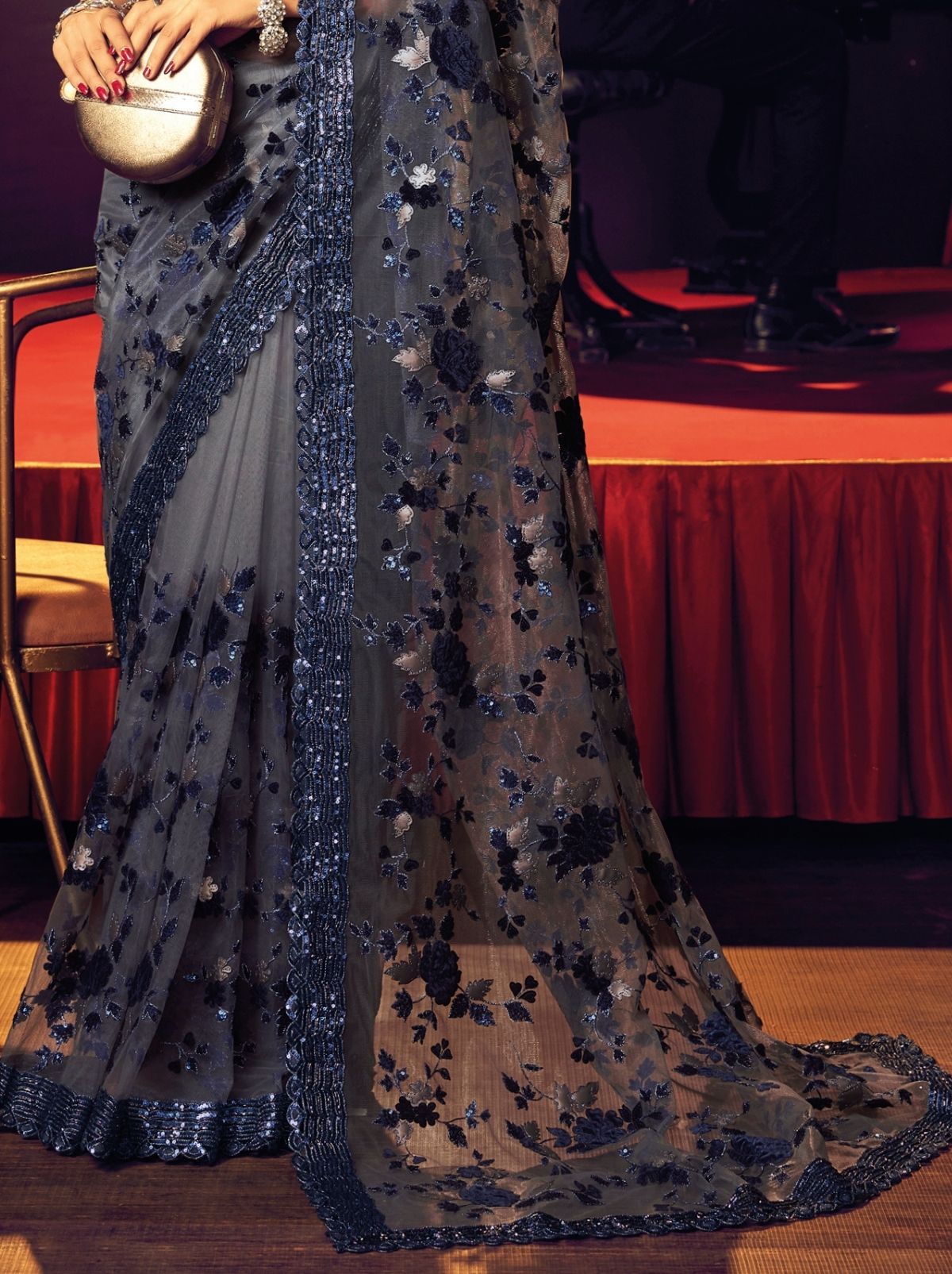 Shadow Grey Premium Designer Net Saree - TrendOye