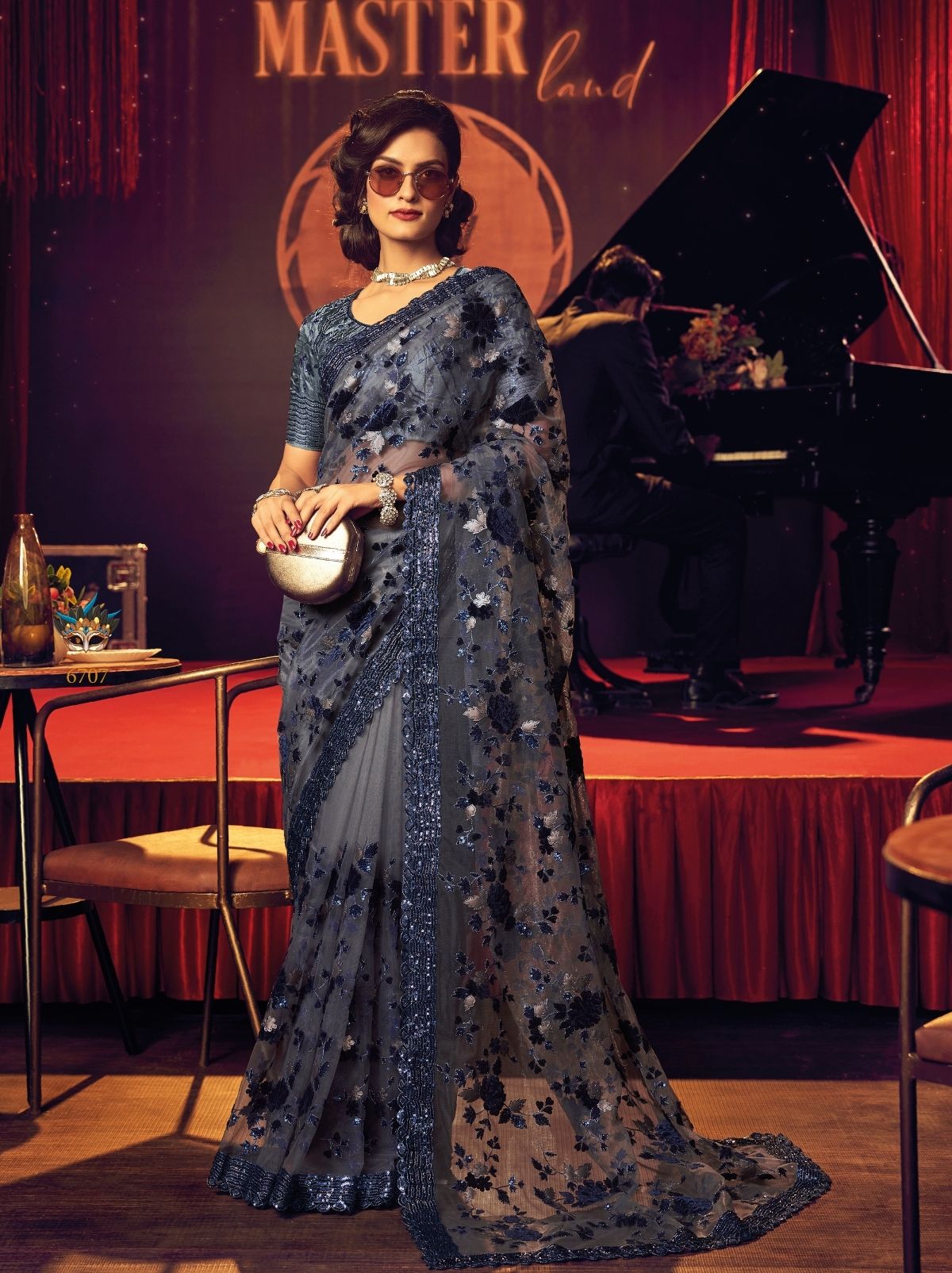 Shadow Grey Premium Designer Net Saree - TrendOye