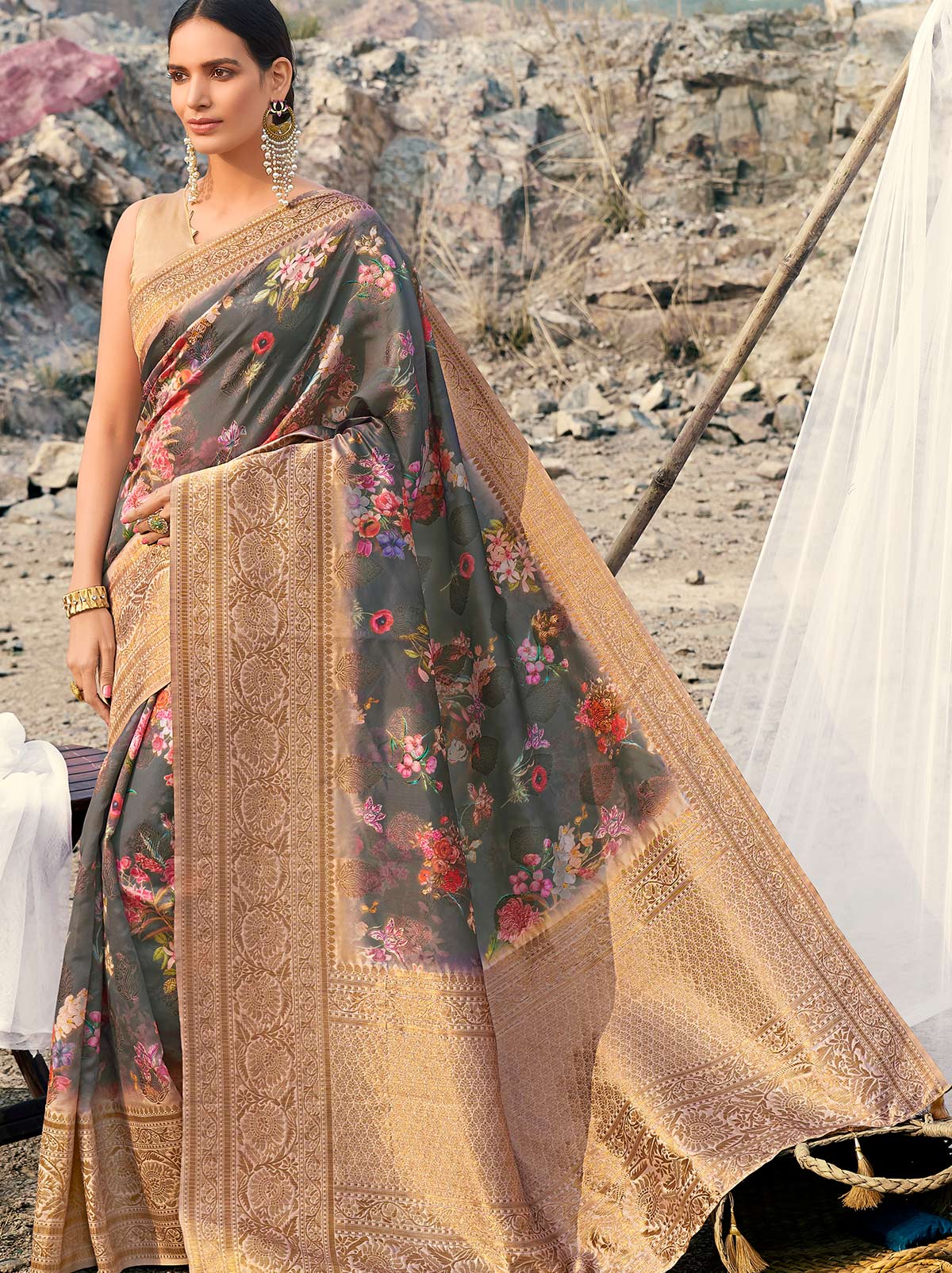 Marvellous Grey Coloured Digital Art Silk Saree - TrendOye