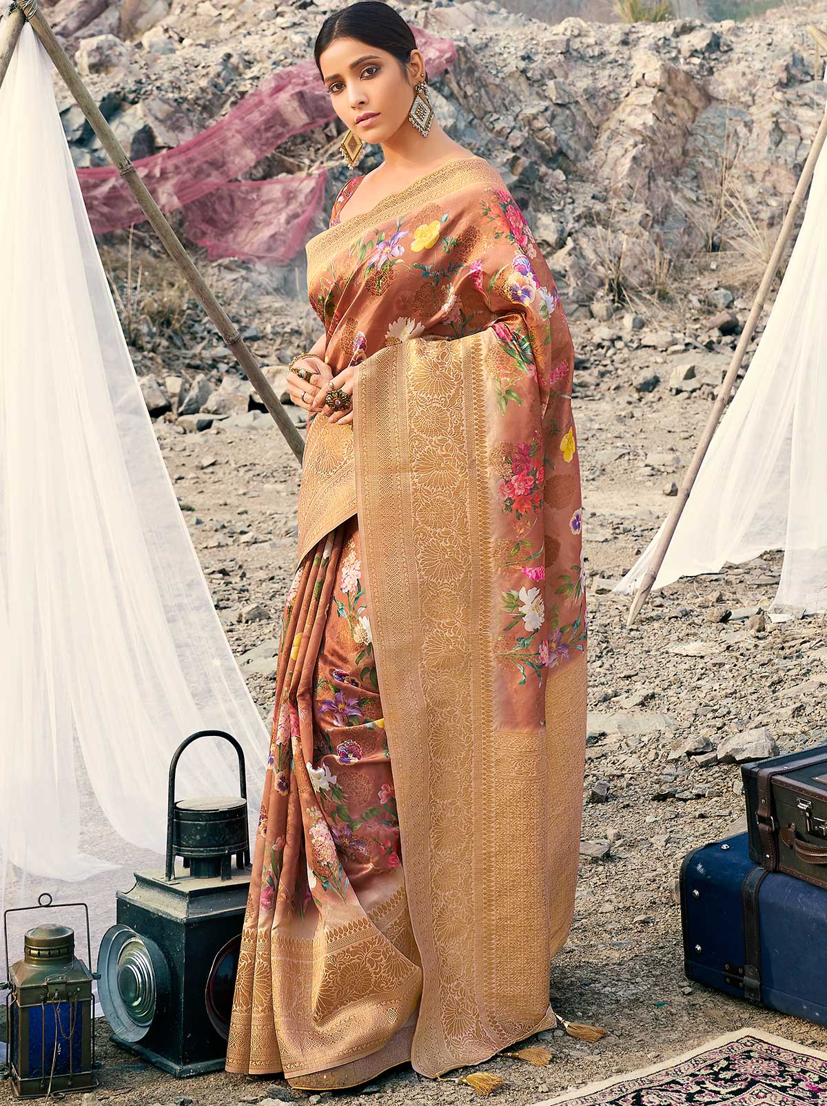 Mind-Blowing Brown Coloured Digital Art Silk Saree - TrendOye