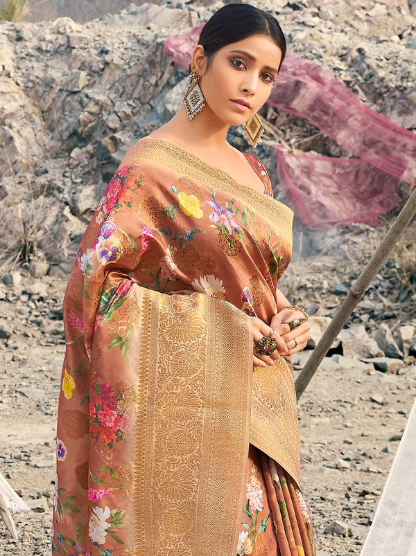 Mind-Blowing Brown Coloured Digital Art Silk Saree - TrendOye