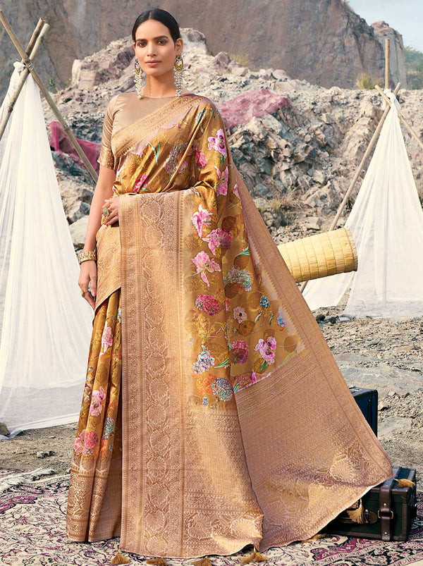 Phenomenal Mustard Coloured Digital Art Silk Saree - TrendOye