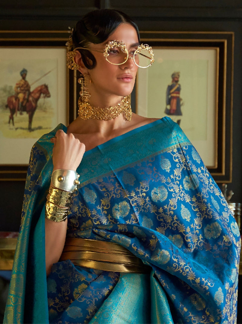 Yale Blue Soft Silk Handloom Weaving Party Saree