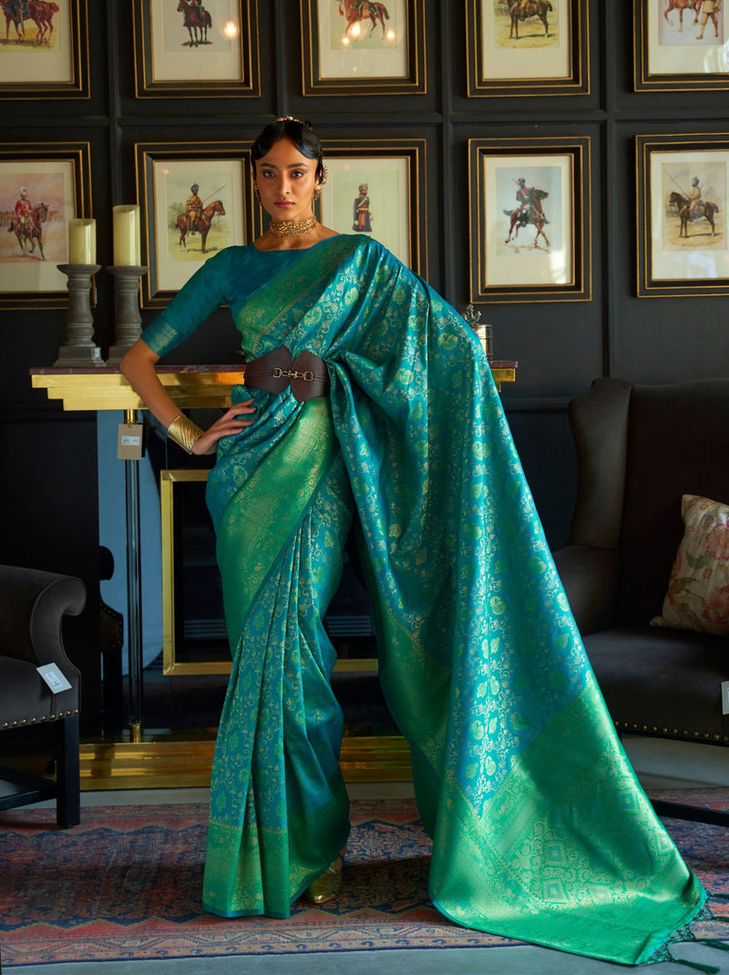 Pine Green Soft Silk Handloom Weaving Party Saree