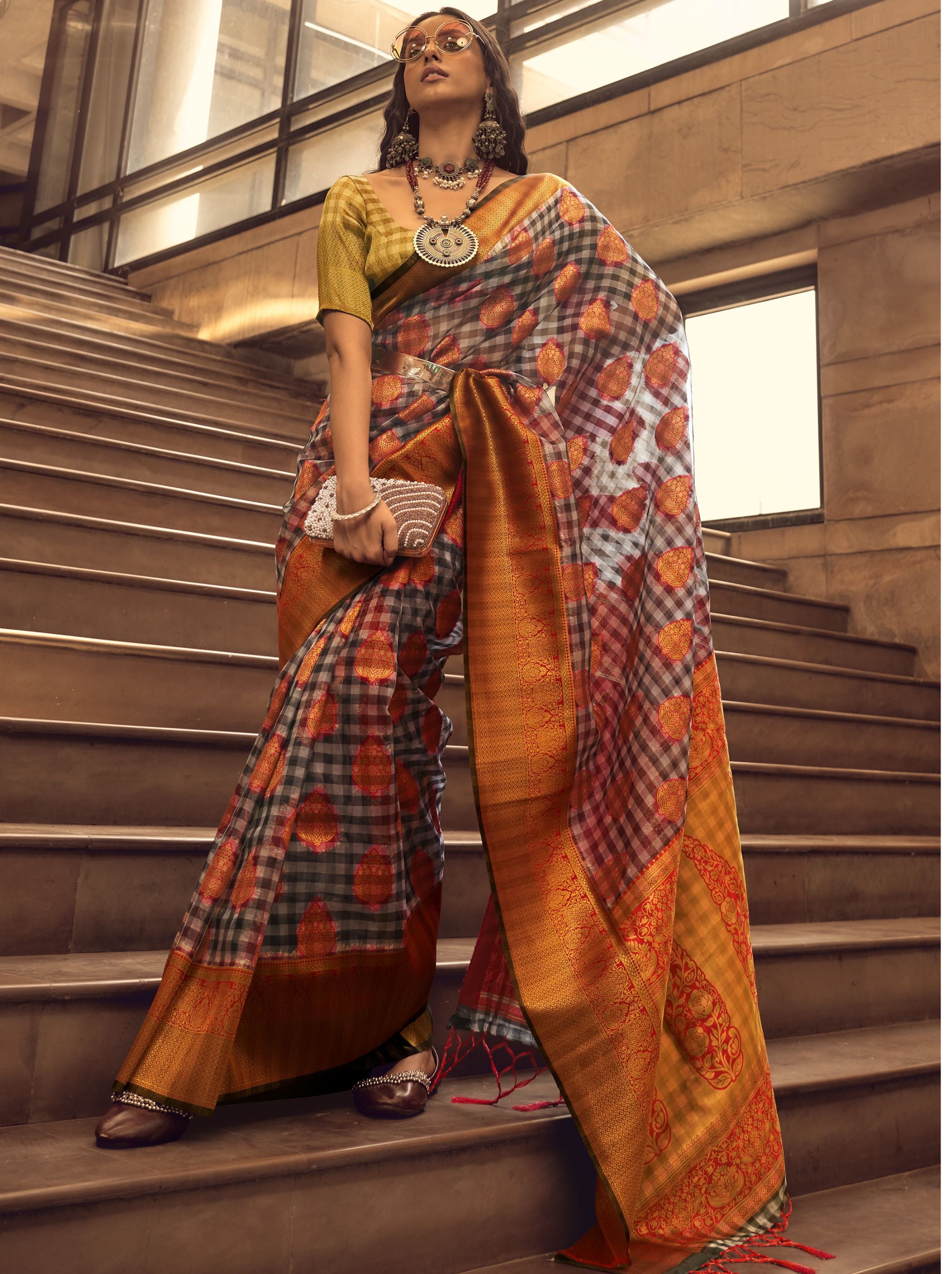 Orange Grey Organza Checkered premium Saree - TrendOye
