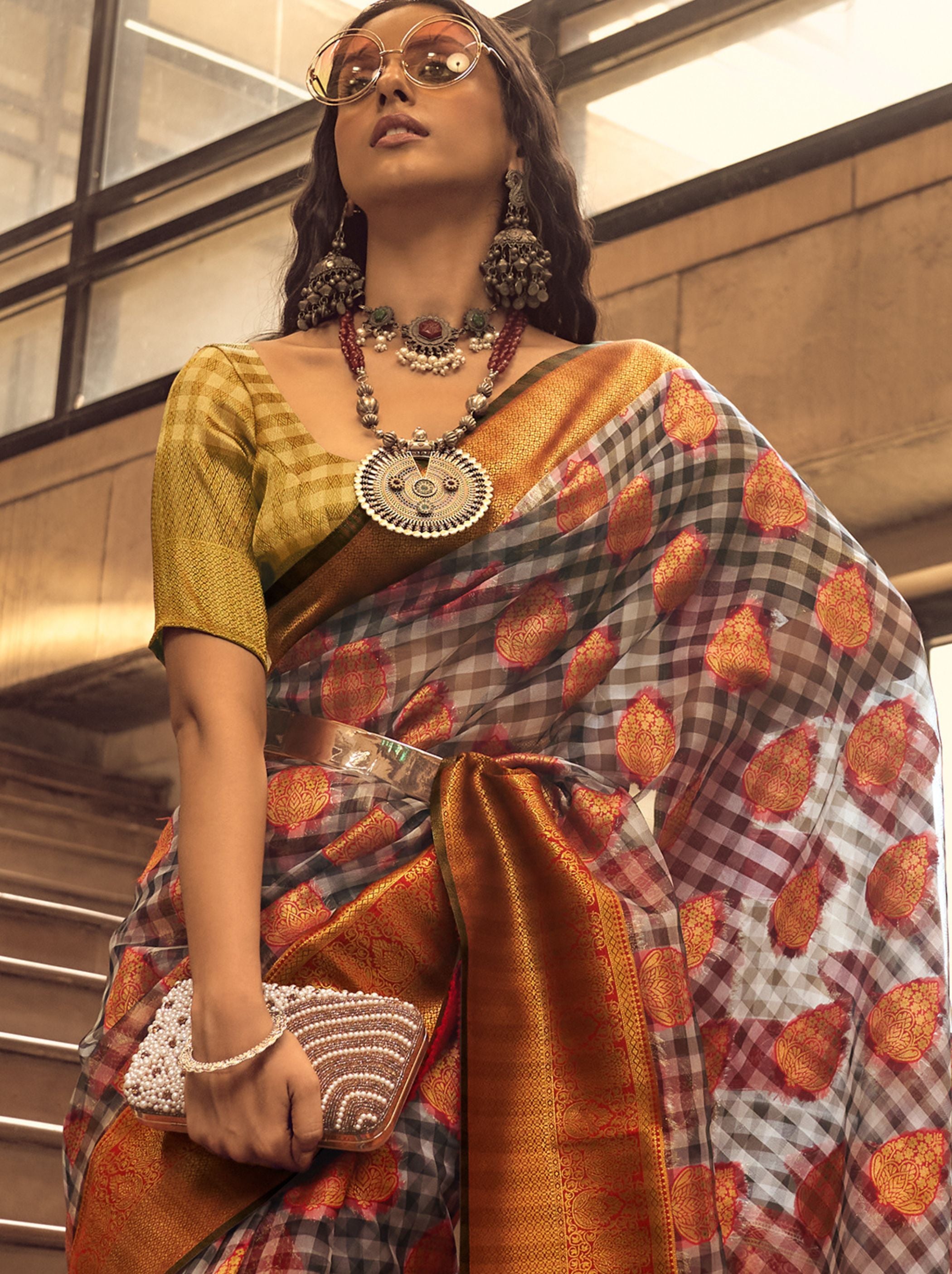Orange Grey Organza Checkered premium Saree - TrendOye