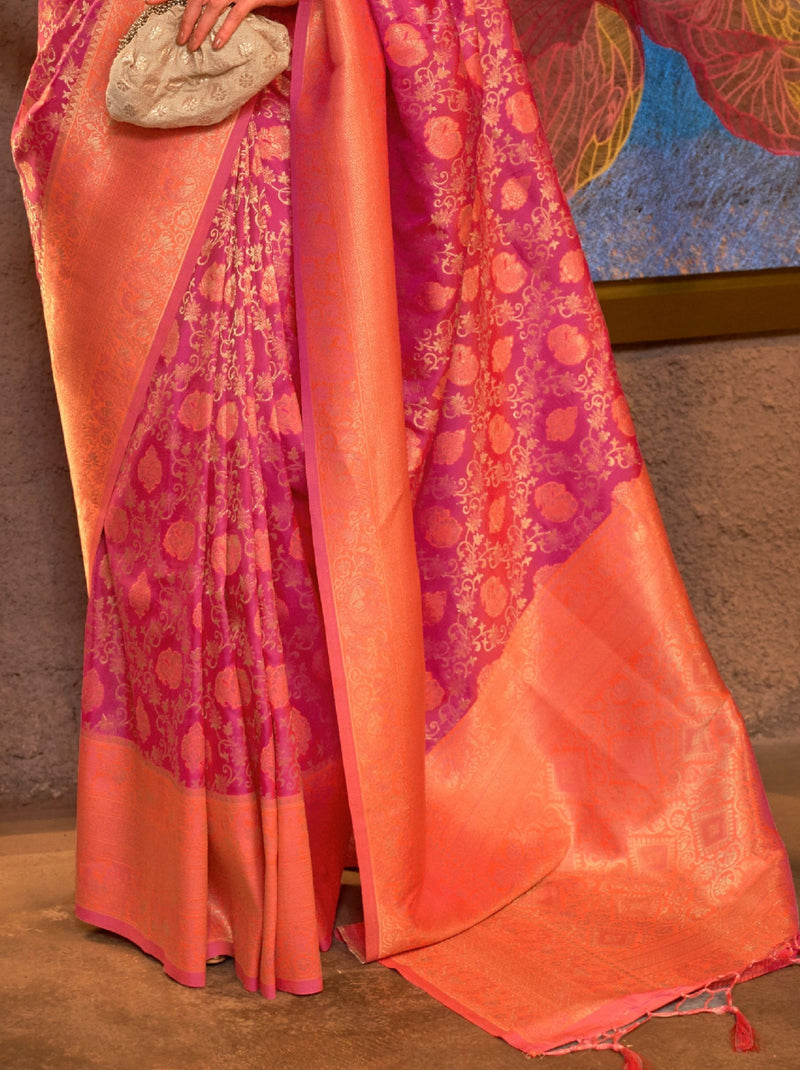 Ruby Pink Soft Silk Handloom Weaving Party Saree