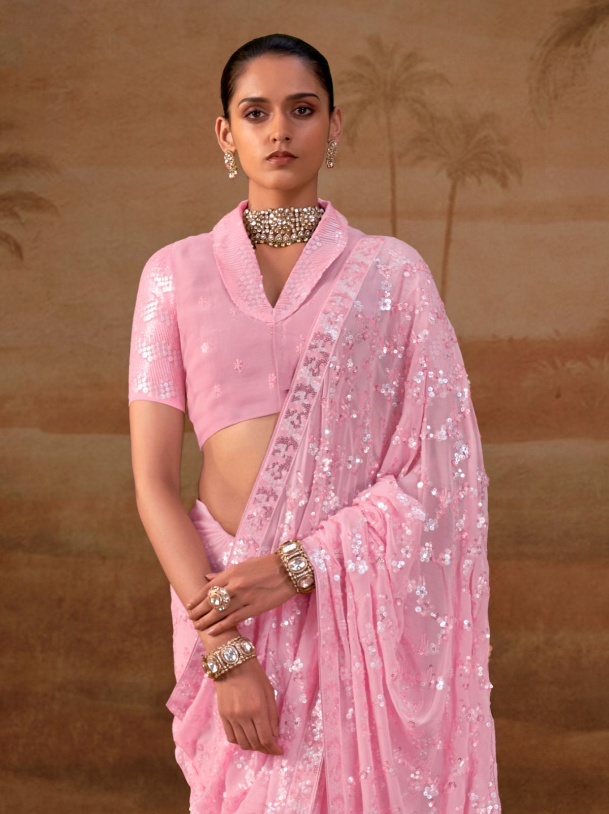 Rose Pink Premium Georgette Silk Saree Sequin & Thread Work