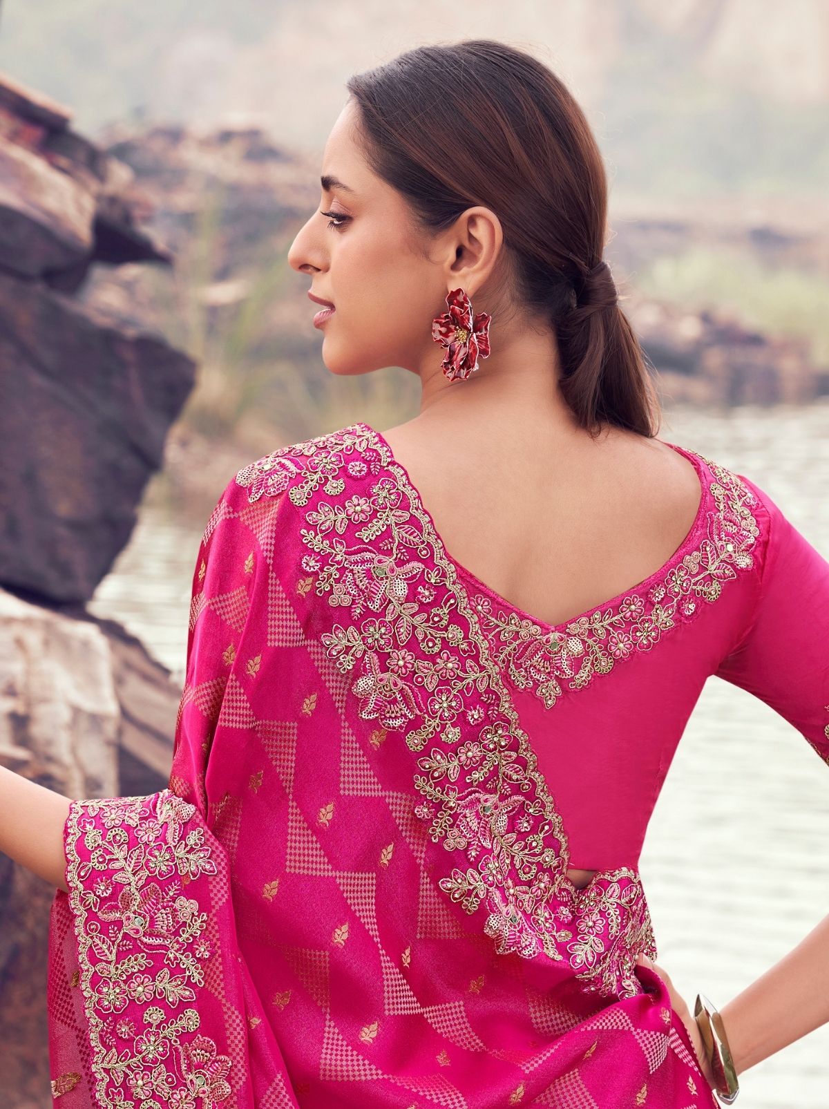 Ruby Pink Premium Satin Silk Saree With Blouse Piece