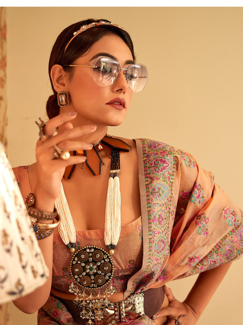 Peach Pashmina Silk Saree With Colorful Woven Motifs - TrendOye
