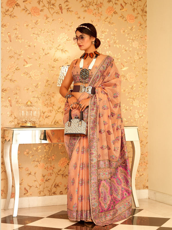 Peach Pashmina Silk Saree With Colorful Woven Motifs - TrendOye