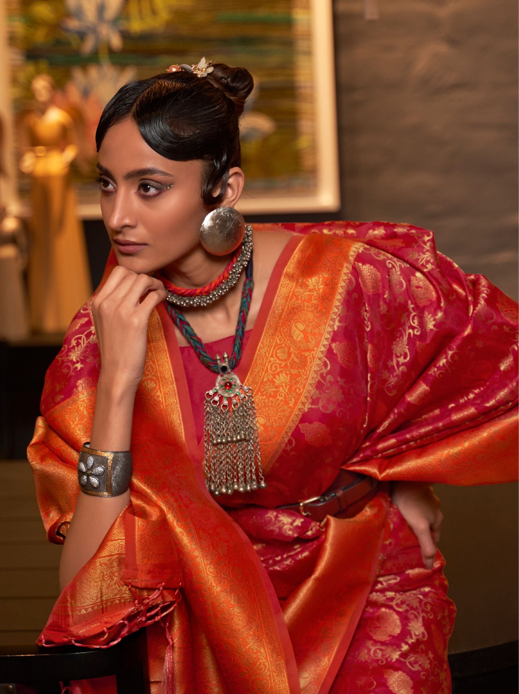 Fire Brick Red Soft Silk Handloom Weaving Party Saree - TrendOye