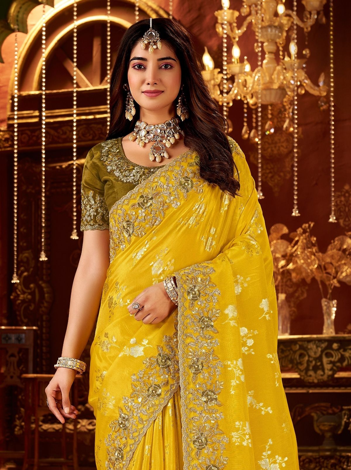 Bumblebee Yellow Traditional Bridal Saree With Designer Blouse Piece
